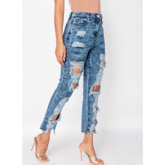 Blue Acid Wash High Waist Ripped Distressed Boyfriend Jeans Denim - Picture 2 of 9